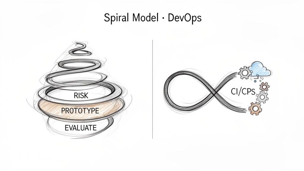 Diagram illustrating the Spiral Model's phases (risk, prototype, evaluate) and the DevOps infinity loop with CI/CPS.