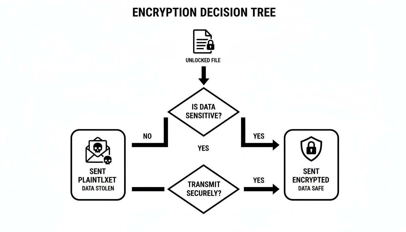 Flowchart: Encryption decision tree showing how to handle sensitive and non-sensitive data for secure transmission.