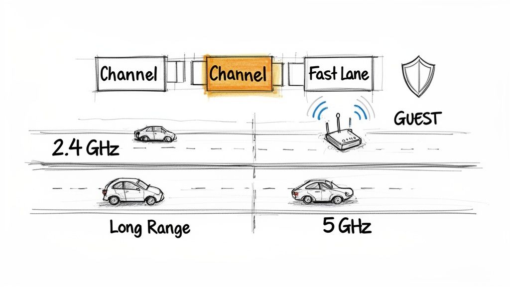 Diagram comparing 2.4 GHz (long range) and 5 GHz (fast lane) Wi-Fi bands with channels and guest access.