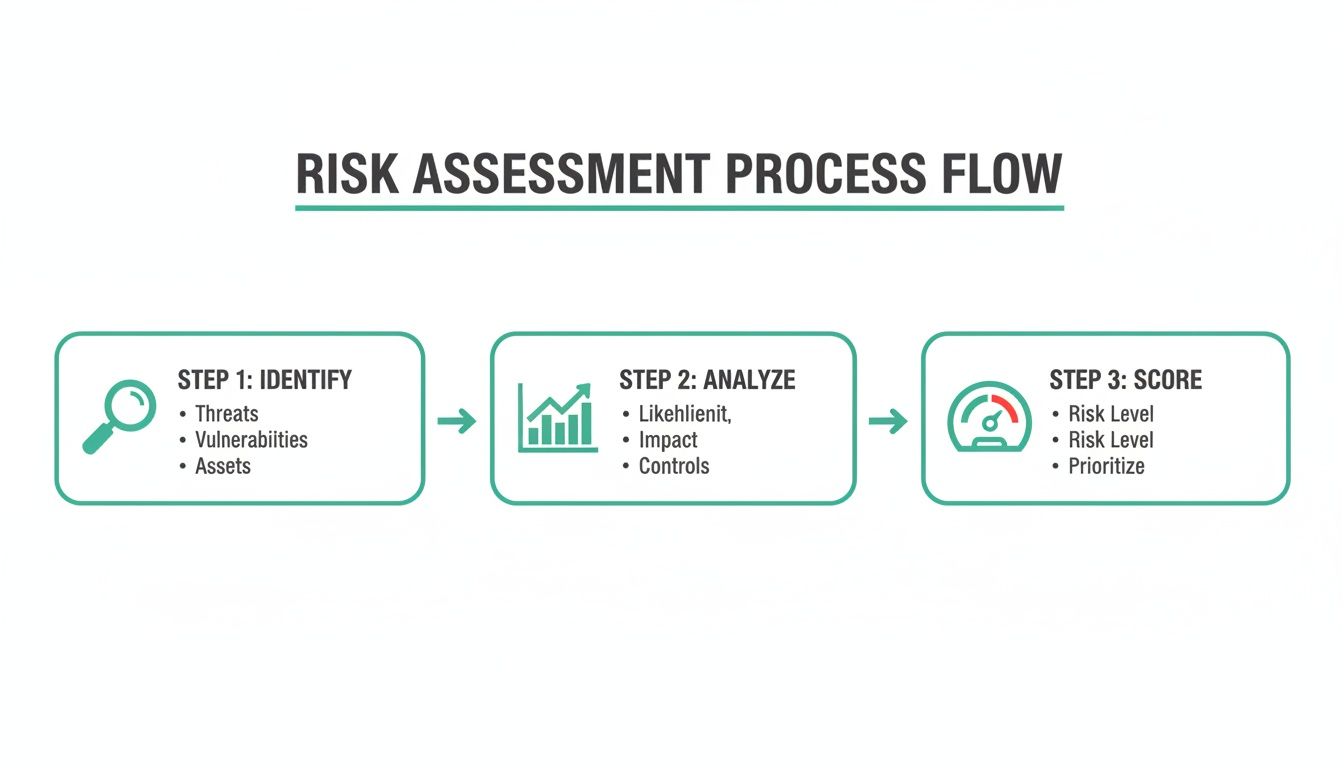 A visual diagram illustrating a three-step risk assessment process flow: identify, analyze, and score.