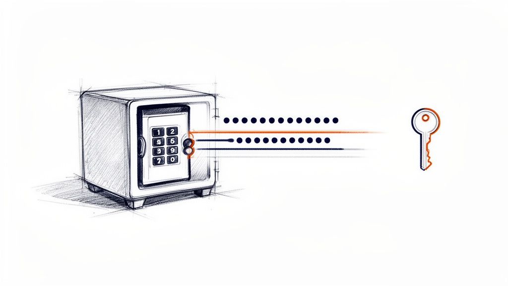 A sketch of a safe with a keypad, connected by lines to a key, symbolizing secure data.