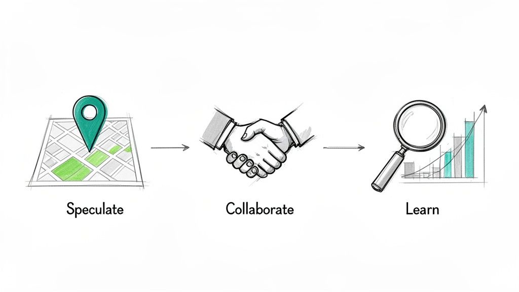 A three-step process diagram showing speculate (map), collaborate (handshake), and learn (magnifying glass, chart).