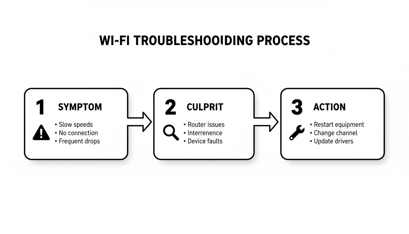 Flowchart detailing Wi--Fi troubleshooting steps, including symptoms, common culprits, and corrective actions.