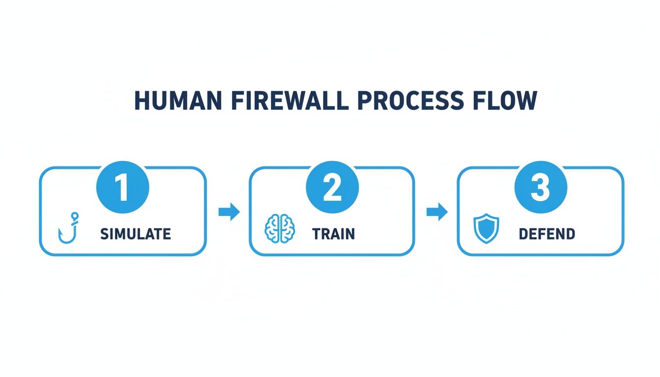 A diagram illustrating the Human Firewall Process Flow with three steps: Simulate, Train, and Defend, each with an icon.
