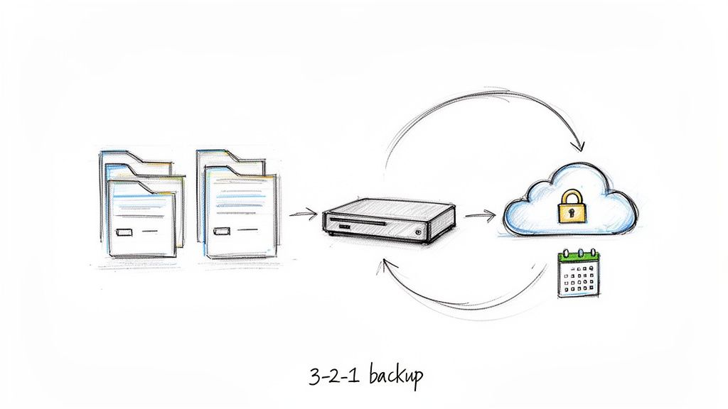 Diagram illustrating the 3-2-1 backup rule with data, local storage, and encrypted cloud storage.
