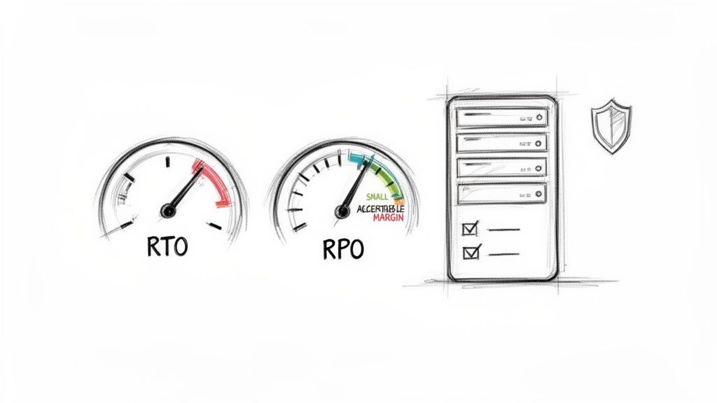 Hand-drawn gauges for RTO (red) and RPO (green) with server racks and a shield icon.