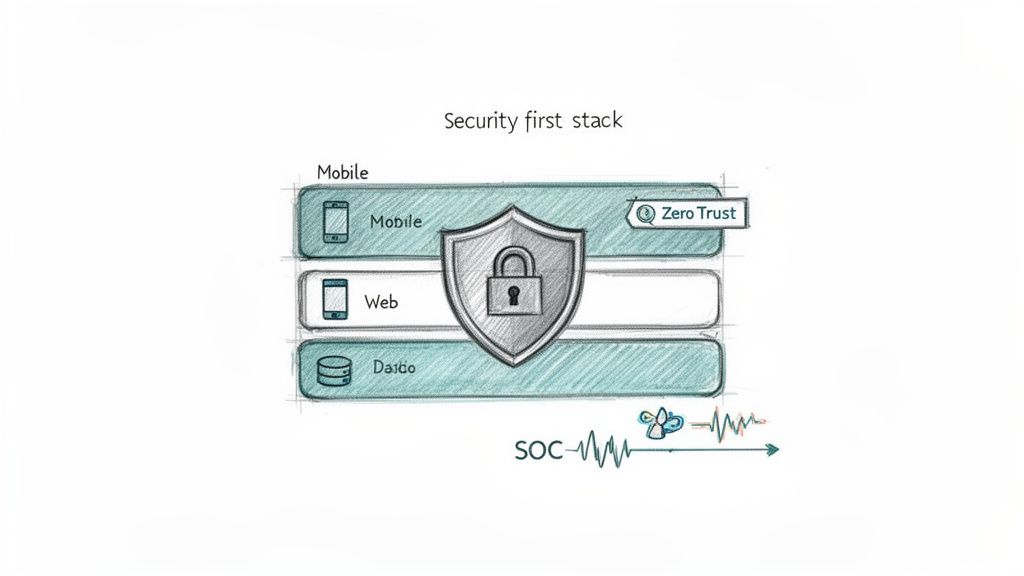 A 'Security first stack' diagram showing mobile, web, and data layers, emphasizing Zero Trust and SOC monitoring.