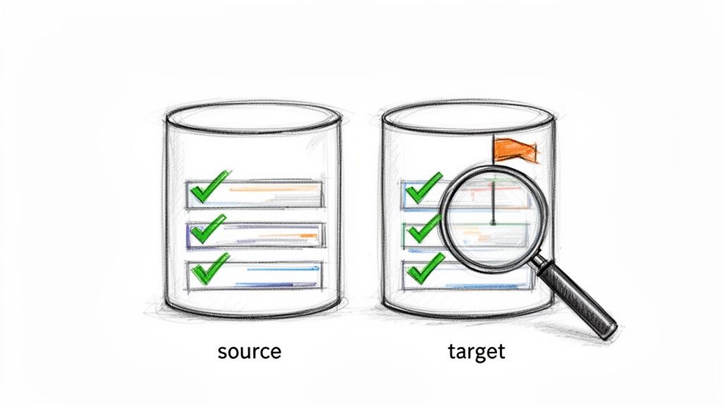 Illustration of data migration verification, showing source and target containers with checked items.
