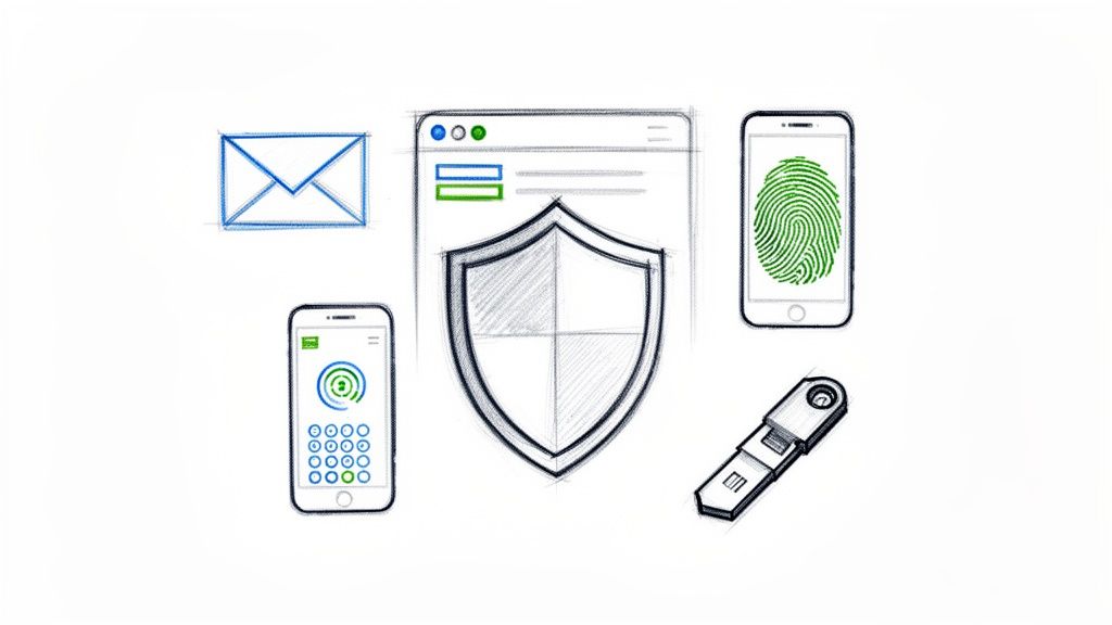 Digital security concepts with email, web browser, fingerprint, security key, and phone authentication.