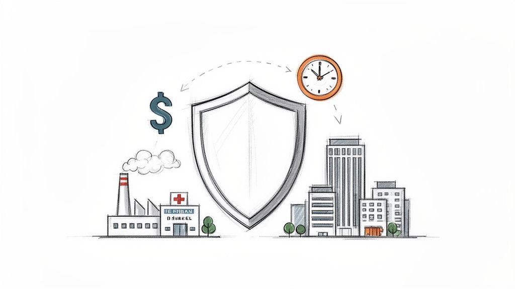 Illustration of a shield protecting money, time, factories, hospitals, and city buildings, depicting risk management.