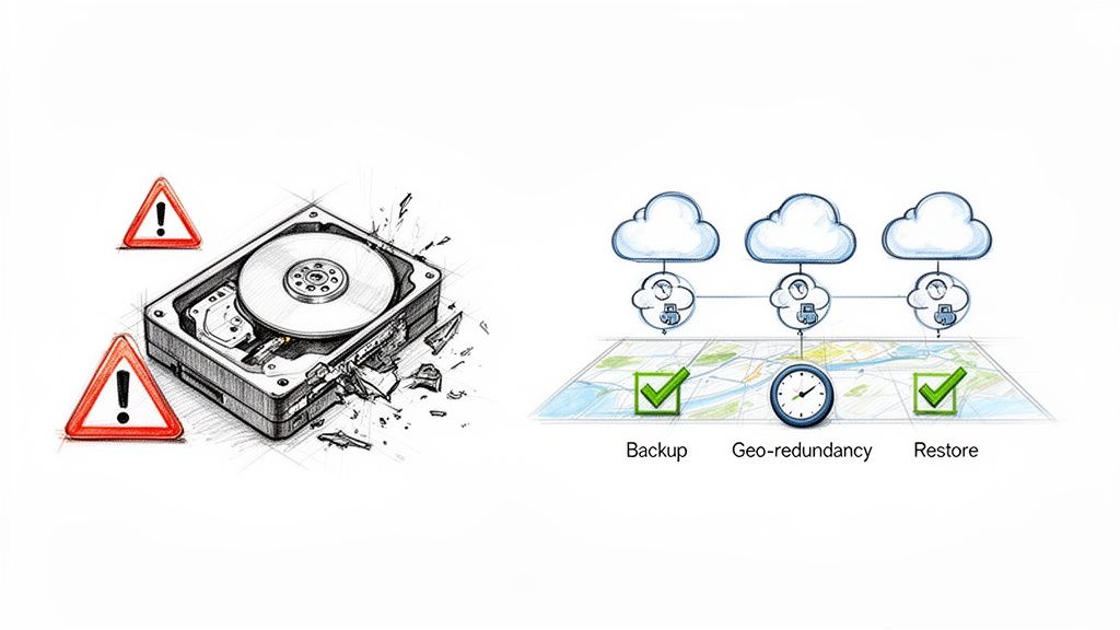 An illustration contrasting a broken hard drive with cloud backup, geo-redundancy, and restore for data protection.