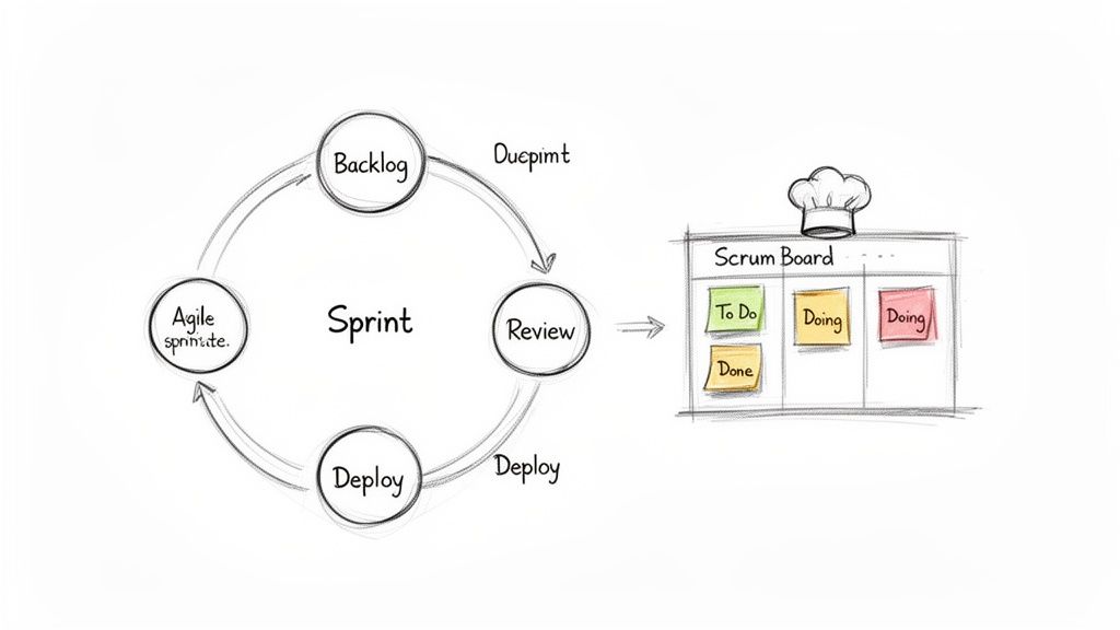 An Agile Sprint cycle diagram showing Backlog, Review, Deploy, and Agile Sprint steps, next to a Scrum Board.