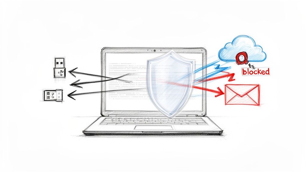 A sketch illustrating data loss prevention (DLP) with a laptop, security shield, USB drives, cloud, and email.
