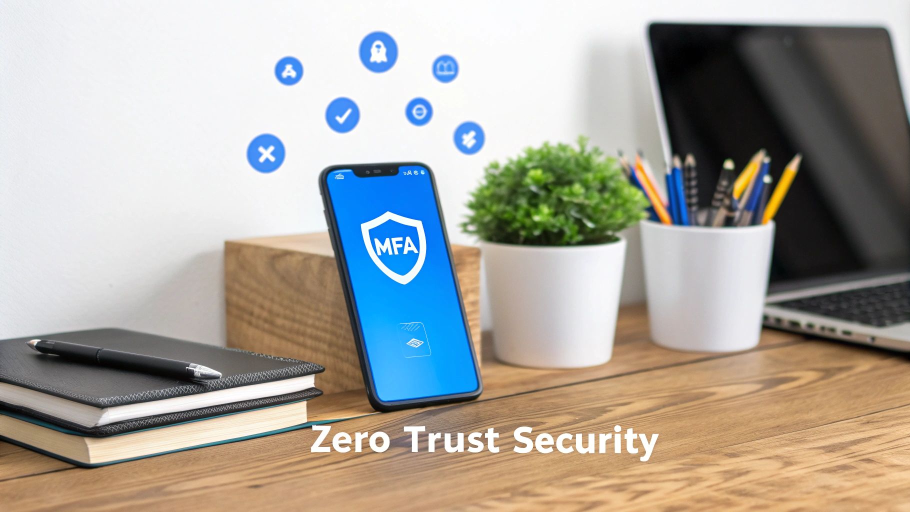 Smartphone displaying MFA security shield icon surrounded by various authentication symbols on a desk, representing Zero Trust Security.