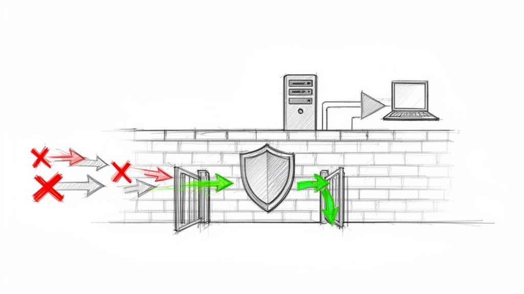 Diagram of network firewall protecting a server and laptop, blocking malicious traffic, allowing secure connections.