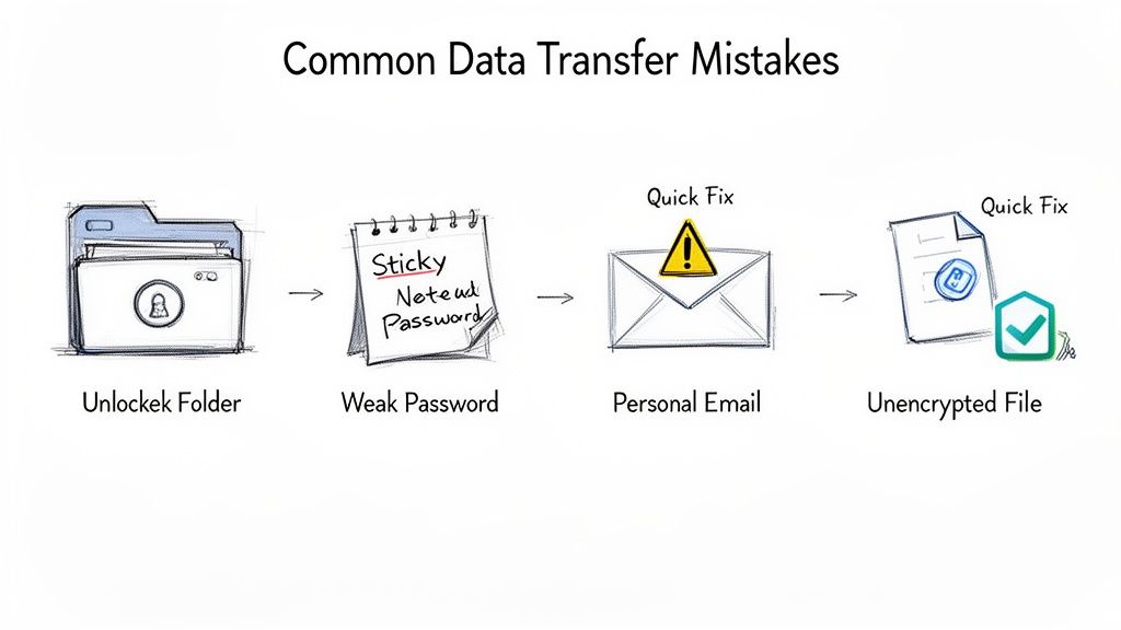 Illustrations depicting common data transfer mistakes: unlocked folder, weak password, personal email, and unencrypted file.
