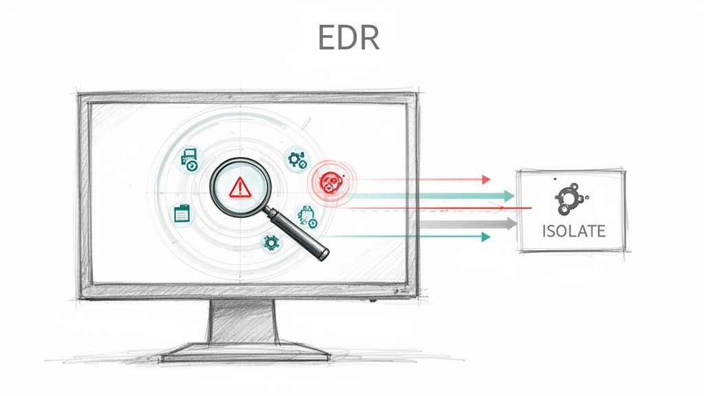 An EDR system on a monitor detects a cyber threat, initiating its isolation workflow.