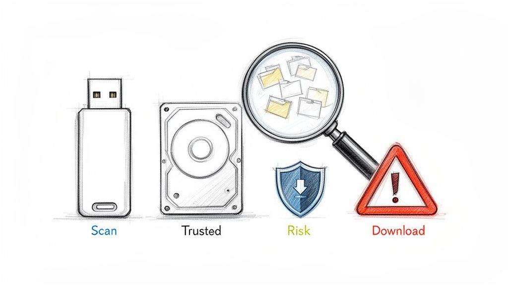 Digital security illustration showing USB scan, trusted hard drive, risk assessment with shield, and download warning.