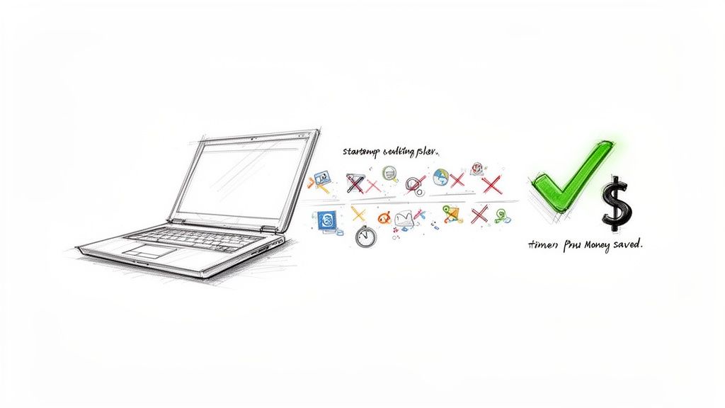 Sketch of a laptop optimizing performance by stopping unnecessary apps, symbolizing time and money saved.