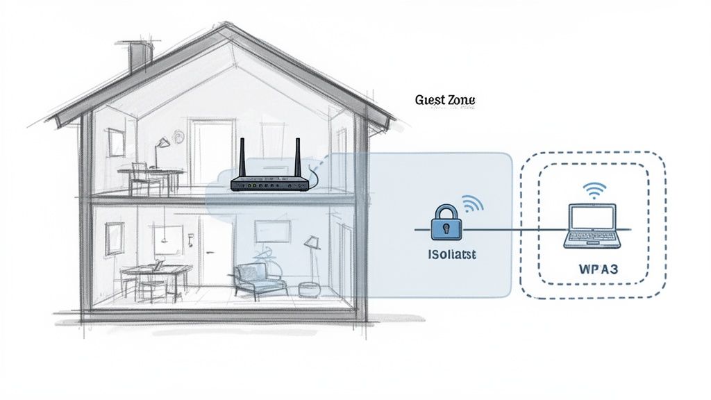 Diagram showing a home router creating an isolated guest Wi-Fi zone with WPA3 security for a laptop.