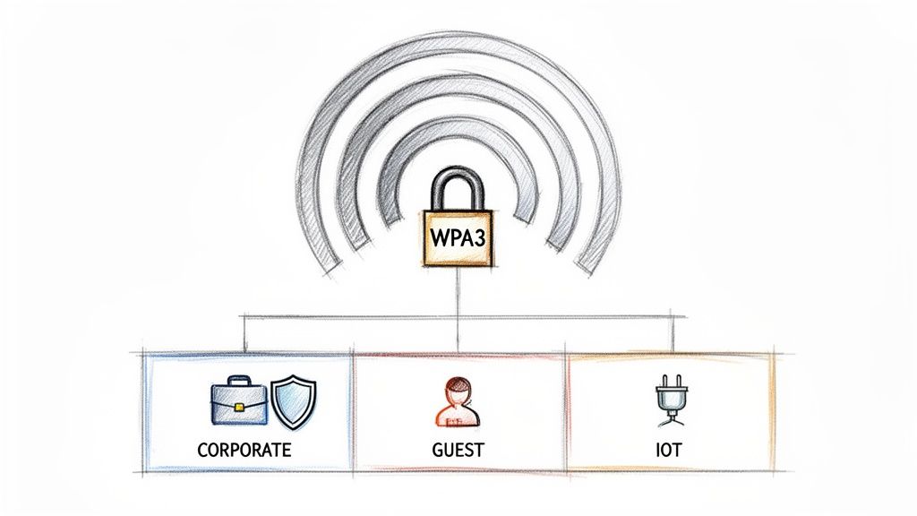 A sketch illustrating WPA3 security protecting corporate, guest, and IoT Wi-Fi networks.