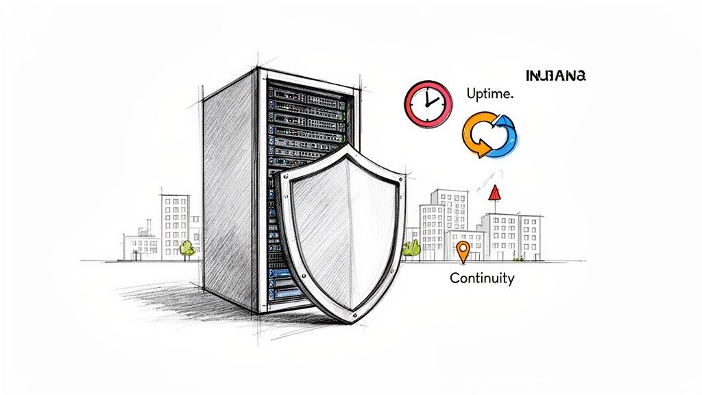 A sketch depicts a protected server rack with a shield, representing data security, uptime, and business continuity.