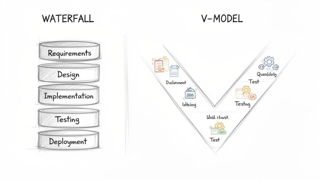 Illustration comparing Waterfall and V-Model software development life cycle methodologies with their respective phases.