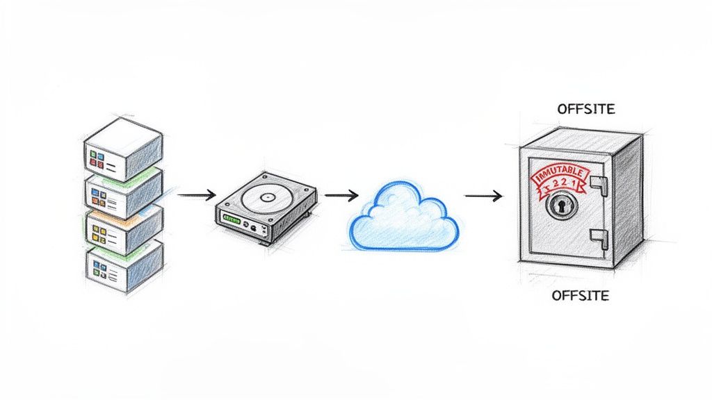 Diagram illustrating data backup flow from servers, to local storage, cloud, and offsite immutable safe.