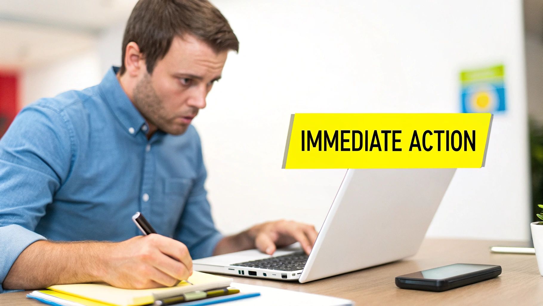 A focused man in a blue shirt works on a laptop and writes notes, with an "IMMEDIATE ACTION" banner.
