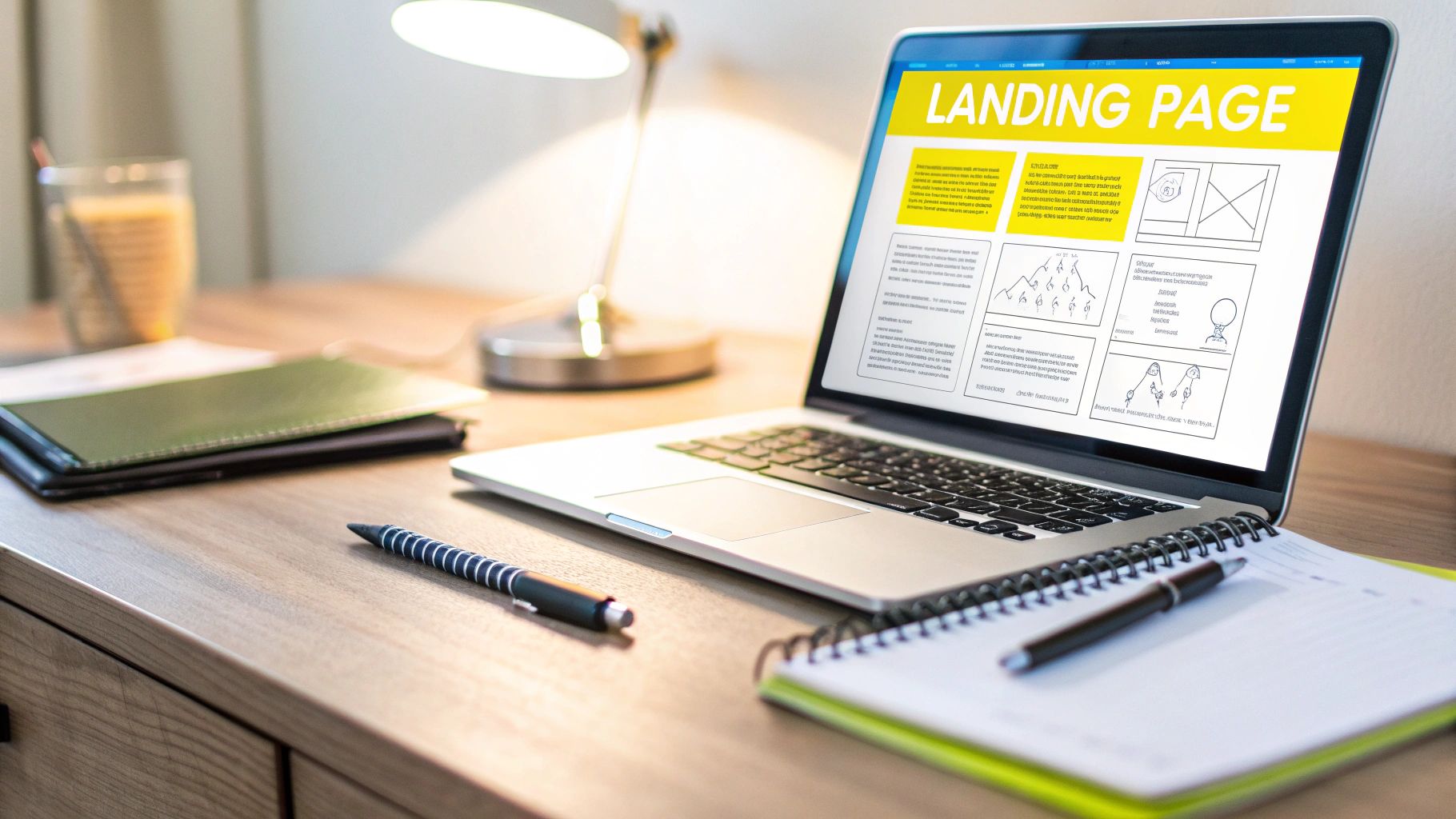 A laptop on a wooden desk displaying a 'LANDING PAGE' design, with pens, notebooks, and a drink.