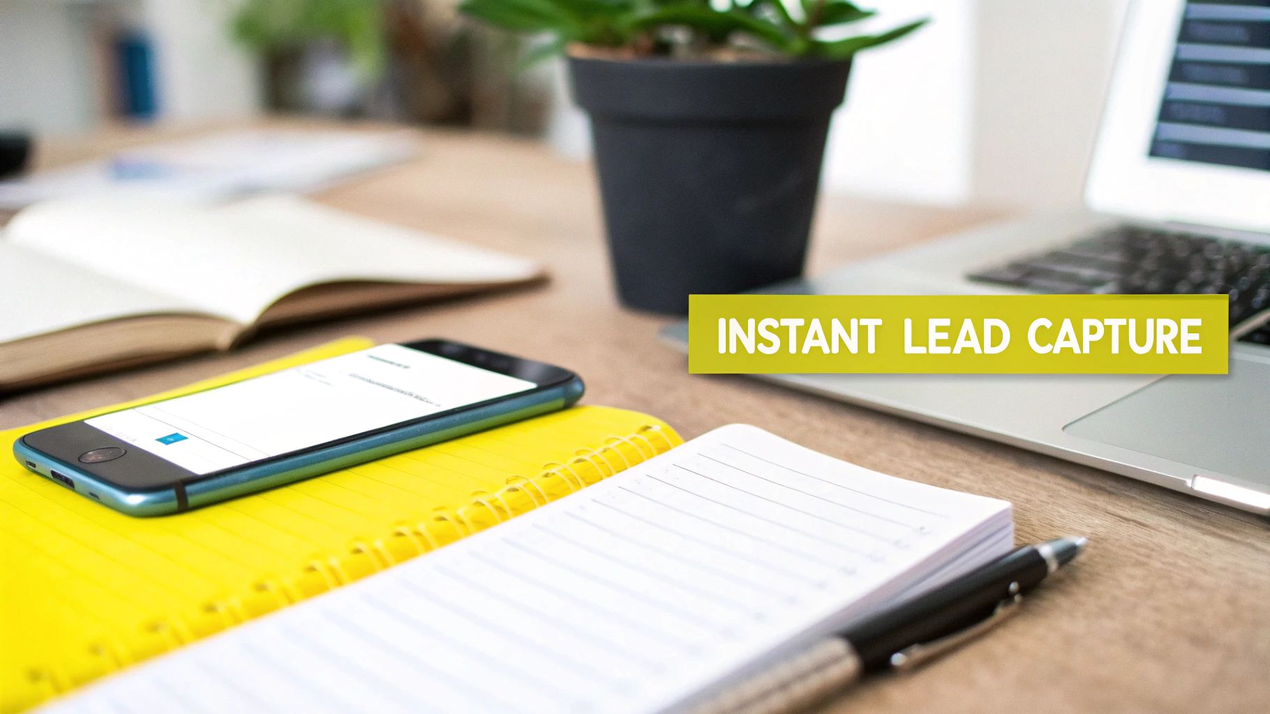 A modern workspace with a laptop, smartphone, notebooks, a plant, and 'Instant Lead Capture' text overlay.