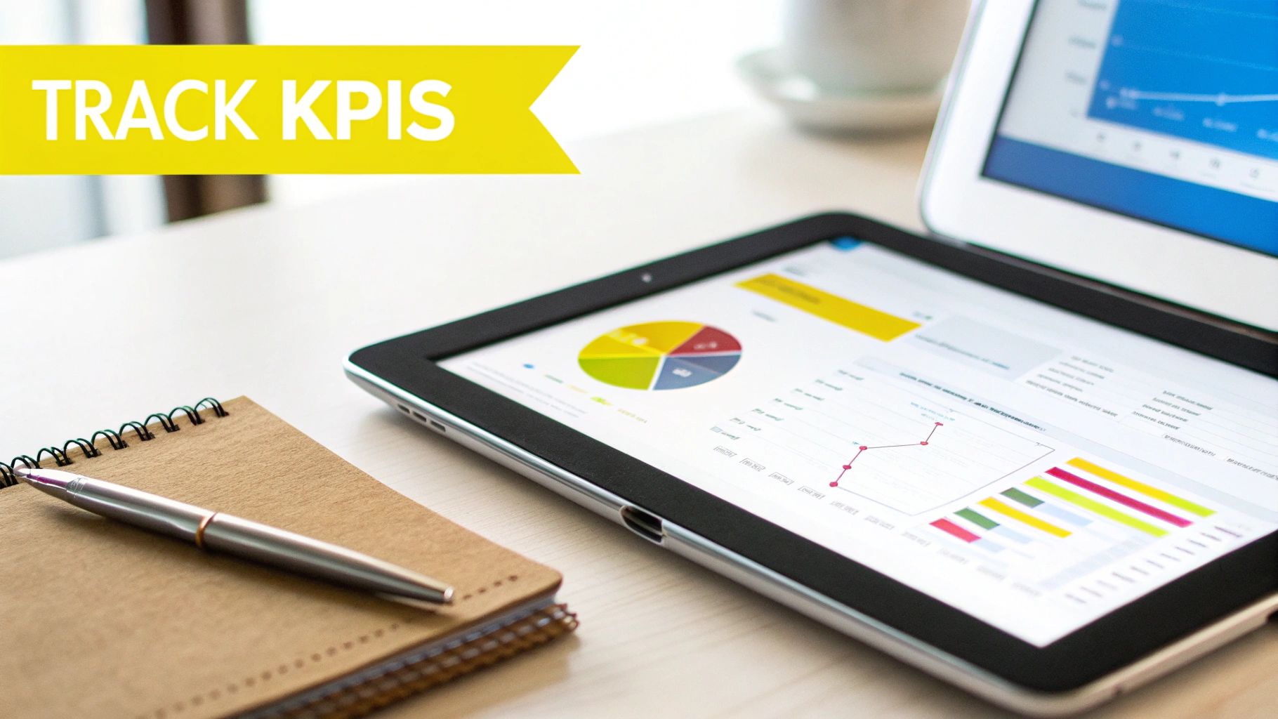 Tablet displaying business dashboards and analytics with a 'TRACK KPIS' banner on a desk.