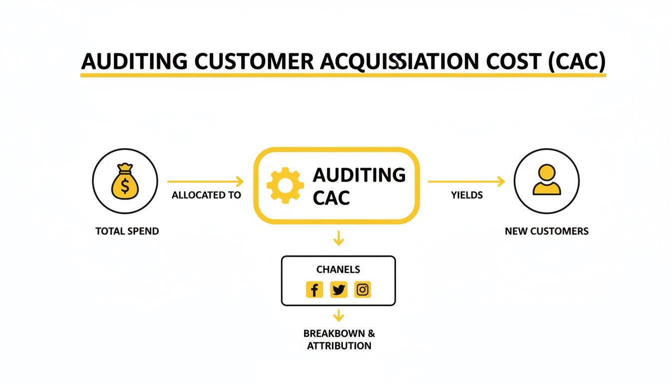 Flowchart illustrating the process of auditing customer acquisition cost (CAC) from total spend to new customers and channel attribution.