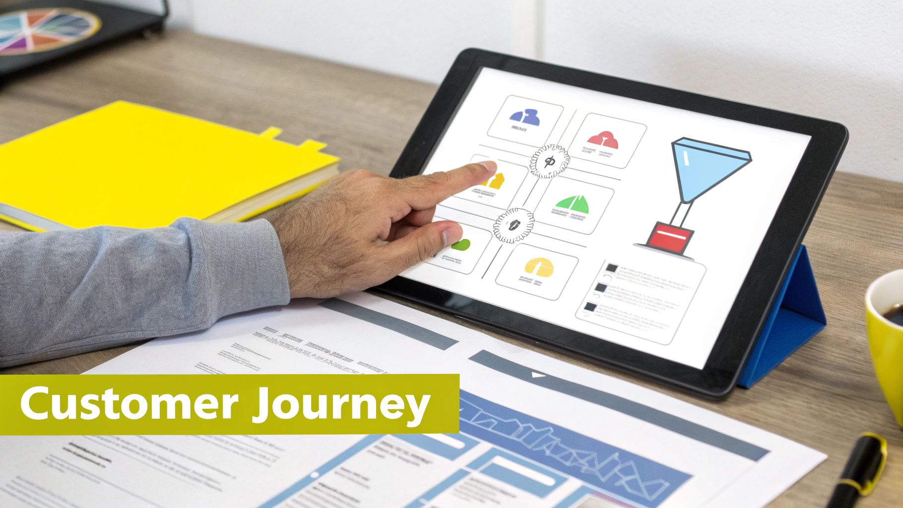 A person's hand touches a tablet displaying a sales funnel diagram and customer journey elements on a wooden desk.