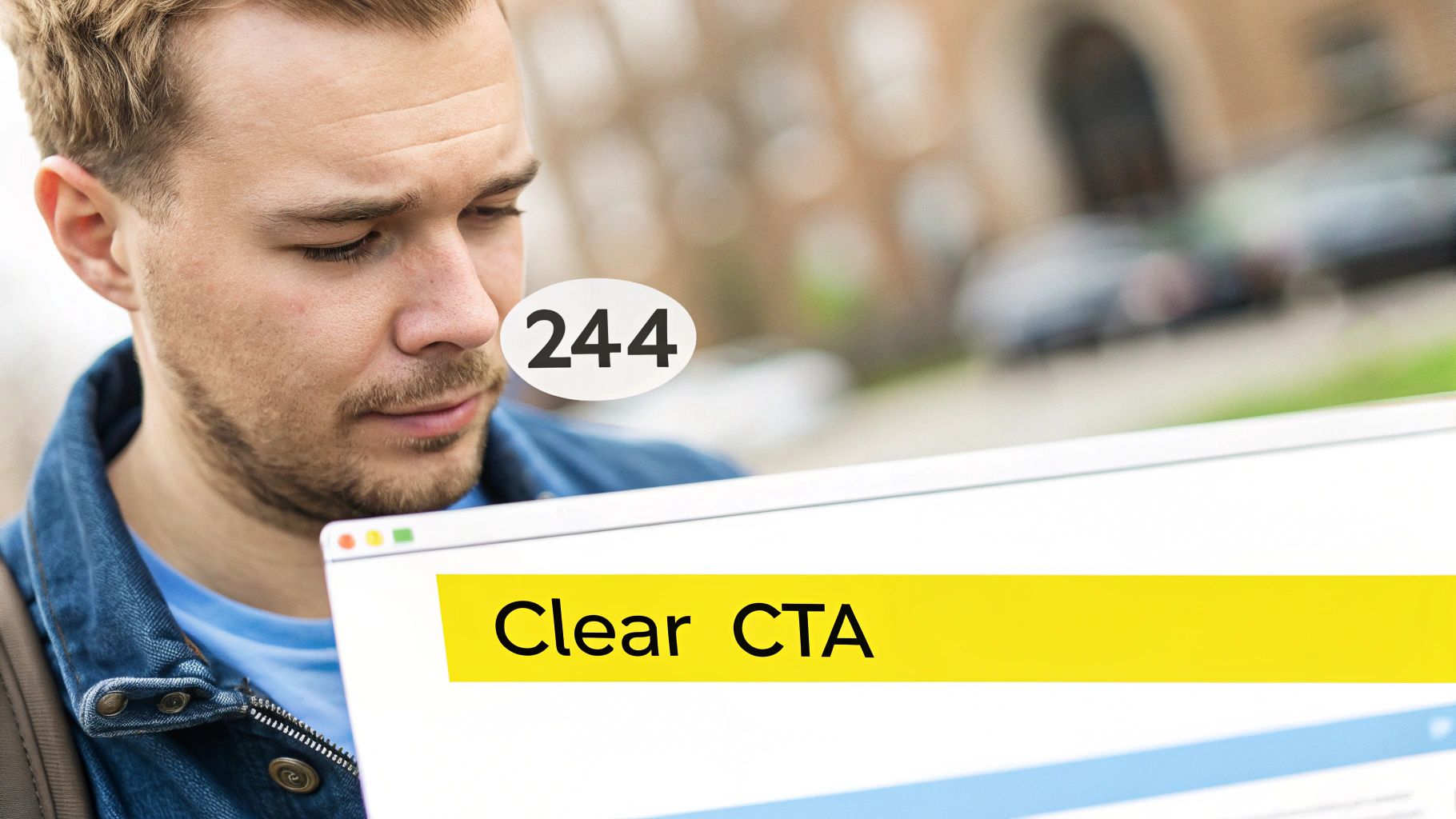 Young man analyzing a laptop screen showing "Clear CTA" with a score of 244 for conversion optimization.