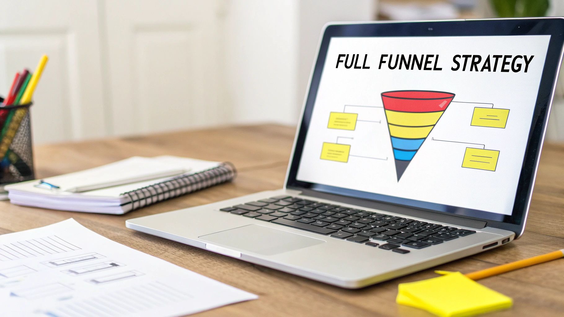 A laptop on a wooden desk displays a 'FULL FUNNEL STRATEGY' diagram with a colorful sales funnel.