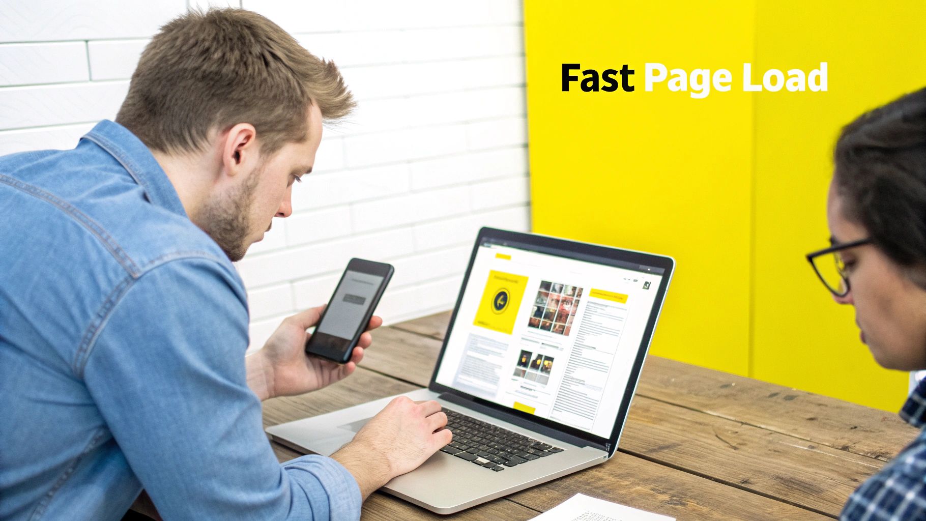 Man uses a laptop and smartphone, optimizing a website for fast page load, with a colleague nearby.