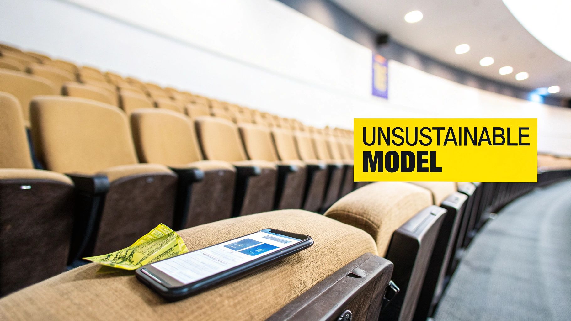 An empty auditorium with a smartphone and crumpled paper, highlighting an "UNSUSTAINABLE MODEL" sign.