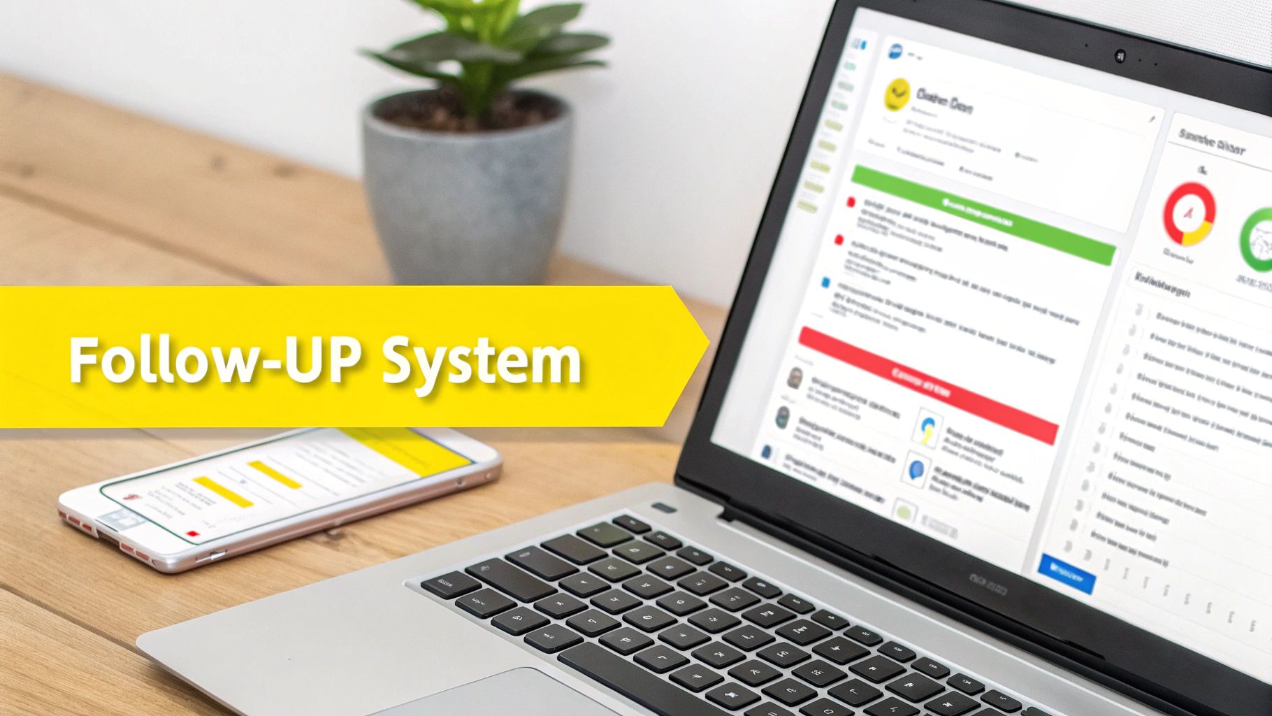 A laptop and smartphone displaying a digital dashboard, highlighting a 'Follow-UP System' banner in a modern office.
