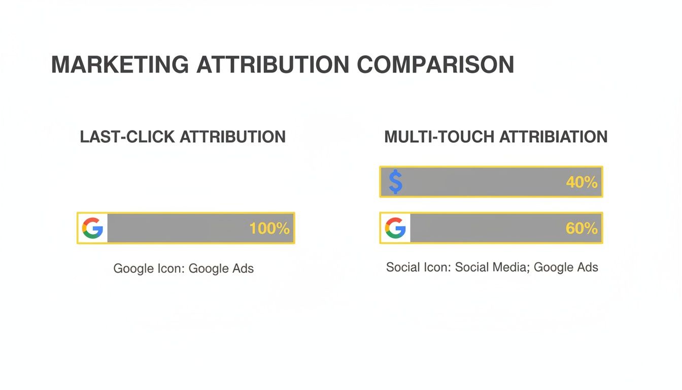 Marketing attribution comparison showing last-click giving 100% to Google Ads, and multi-touch attributing 40% to social media and 60% to Google Ads.