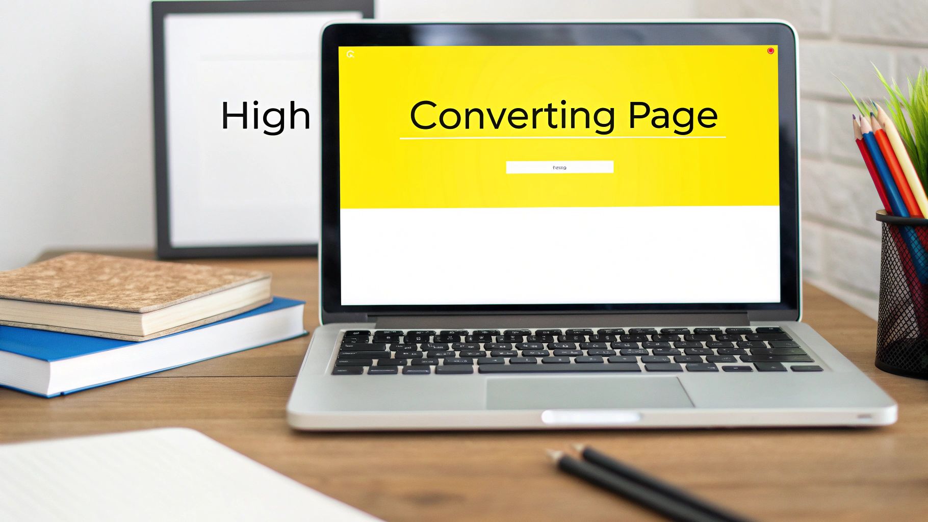 A laptop displaying a yellow screen with the text 'High Converting Page' on a wooden desk.