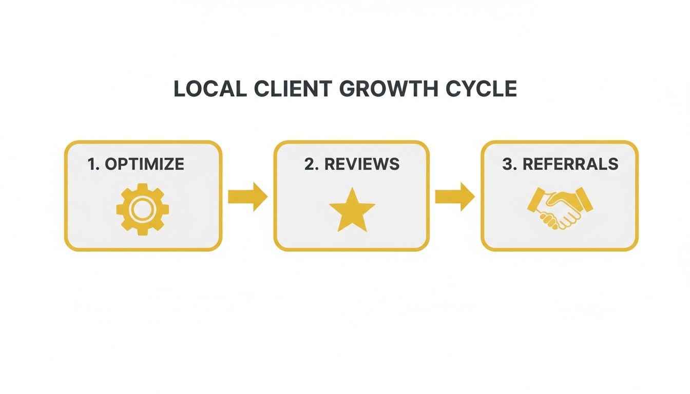 Diagram illustrating the local client growth cycle, showing steps: optimize, reviews, and referrals.