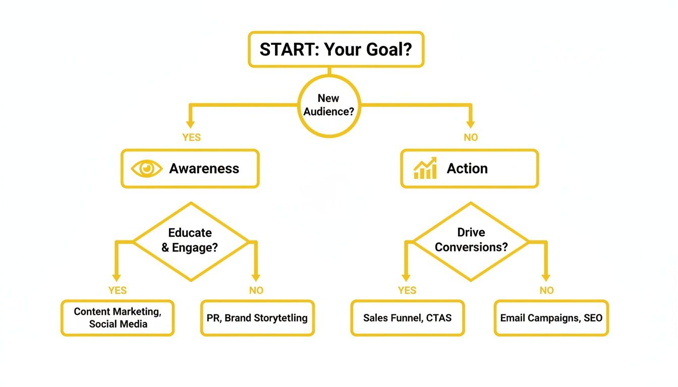 A flowchart guiding marketing strategy selection based on goals like new audience, awareness, or action.