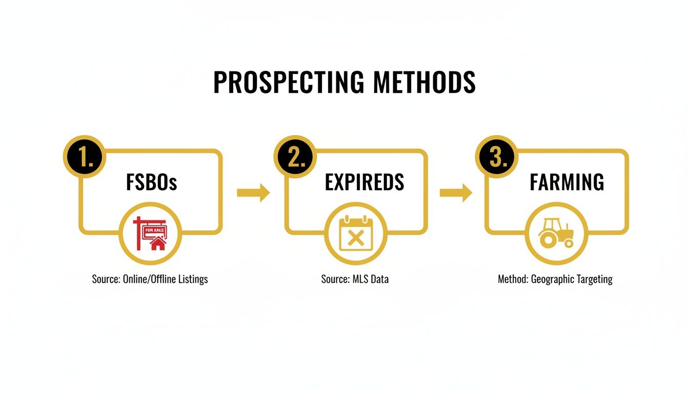 Visual guide to real estate prospecting: FSBOs, Expireds, and Farming strategies with sources.