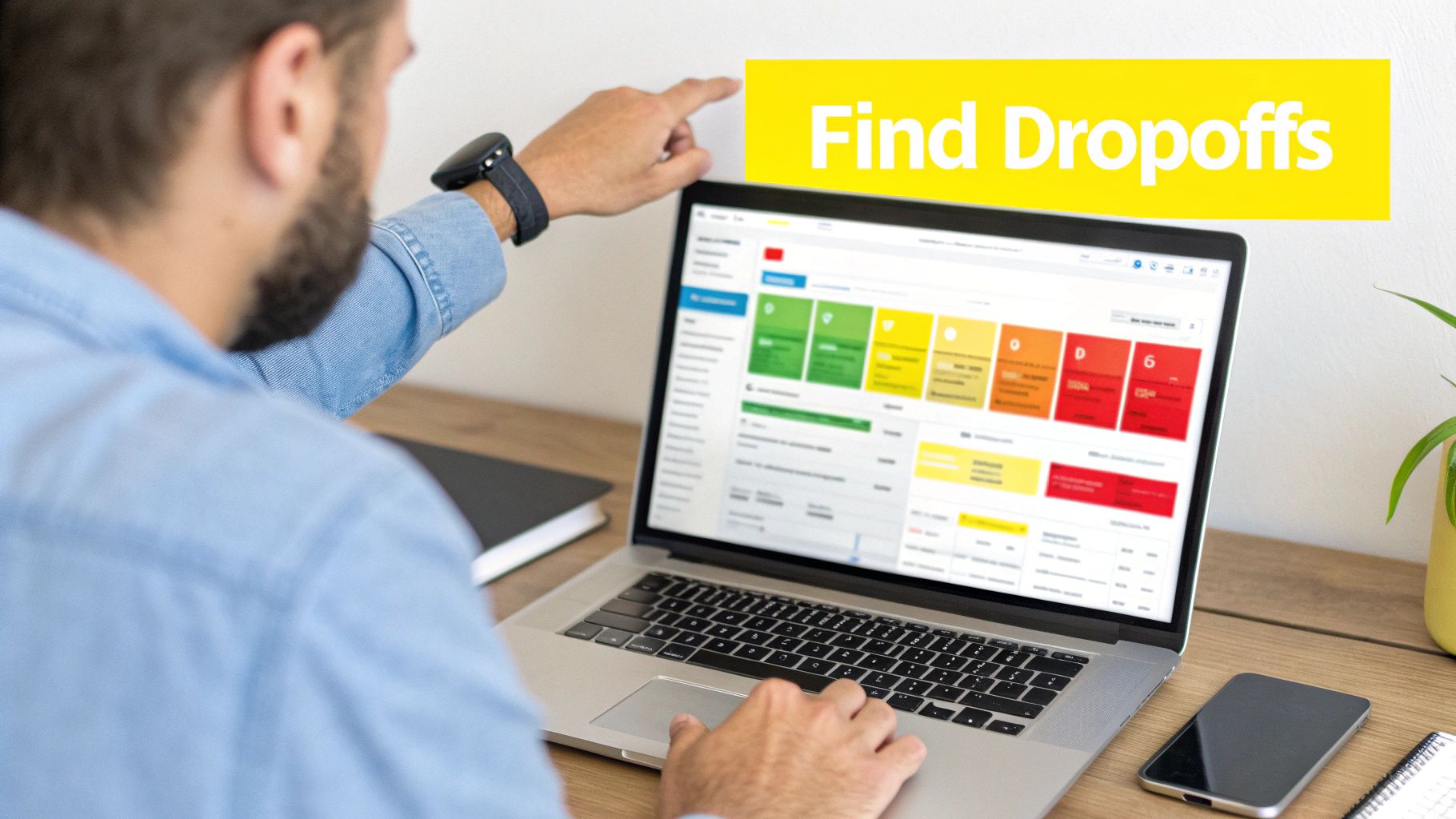 A man points at a laptop screen displaying website analytics and the text "Find Dropoffs".