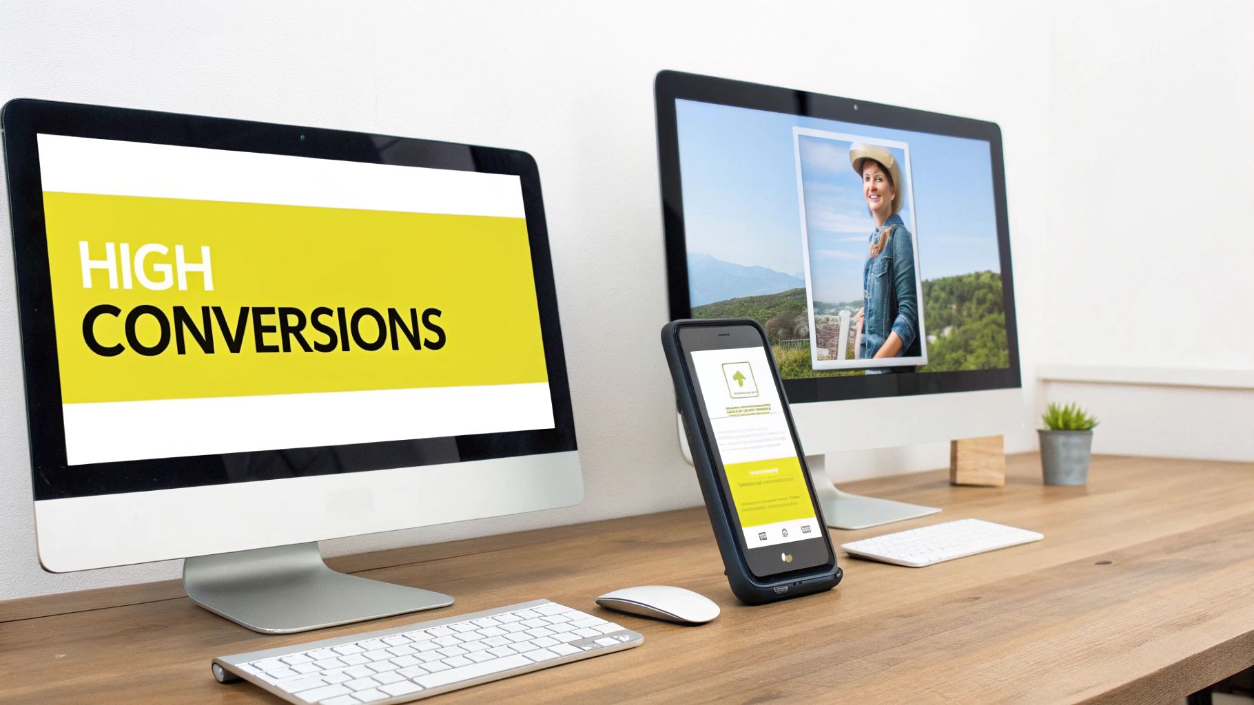 A clean desk setup with two computer monitors, a smartphone, keyboards, and mouse, displaying marketing content.