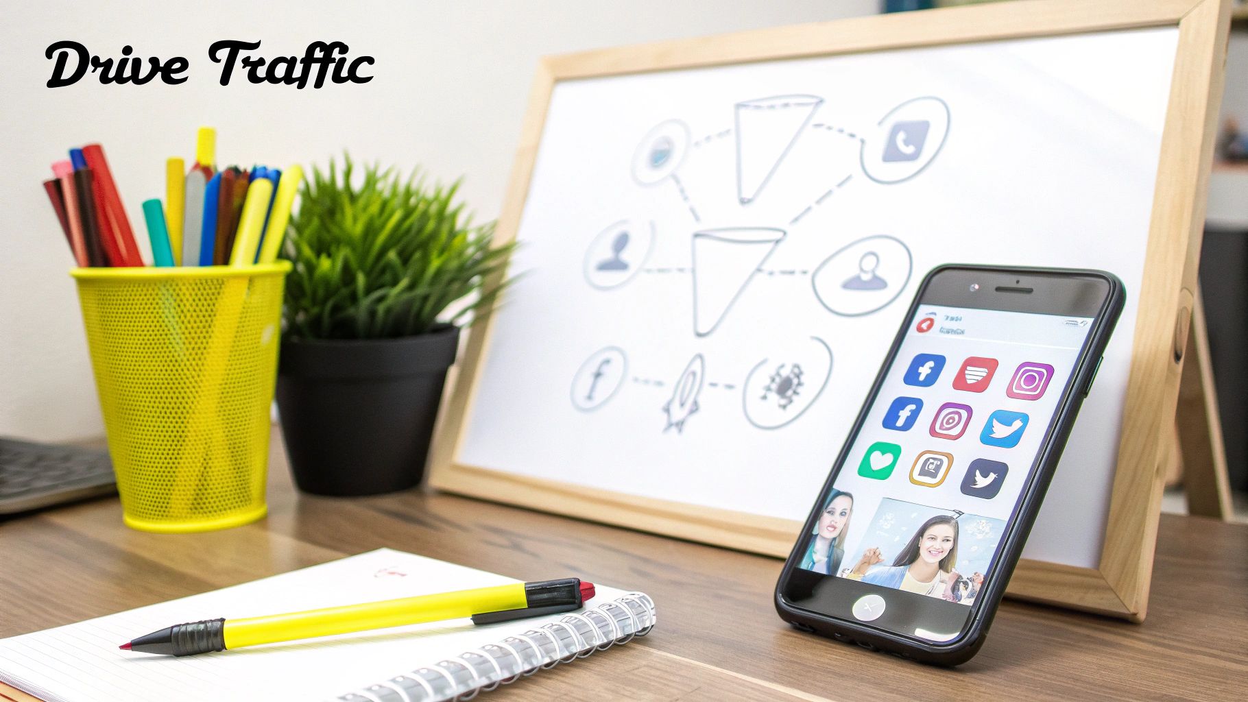 A desk with a smartphone showing social media apps, a whiteboard with a marketing funnel diagram, and colorful pens, illustrating 'Drive Traffic'.