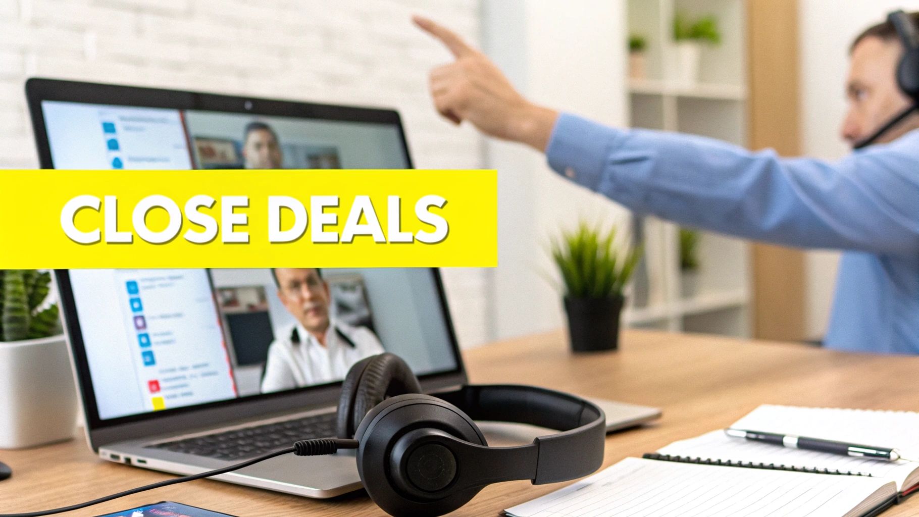 Professional on video call, pointing while wearing a headset, with "CLOSE DEALS" text highlighting business strategy.