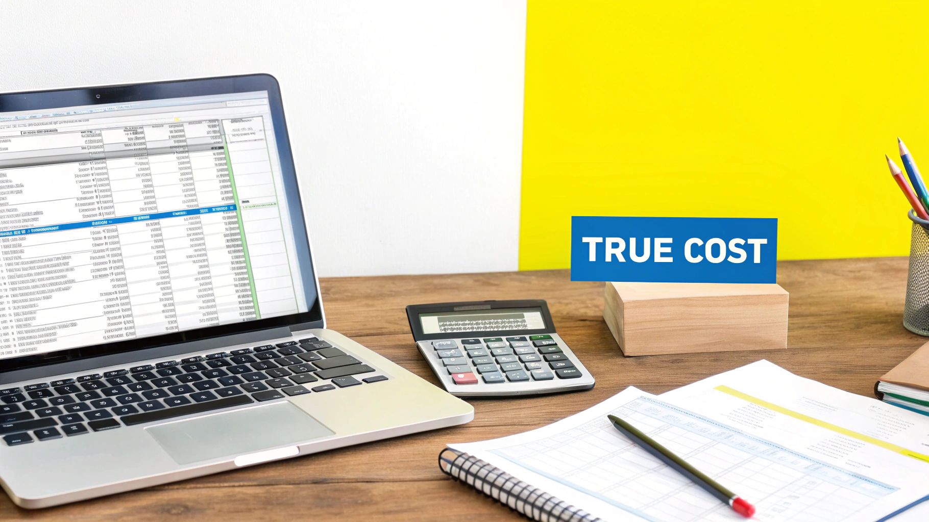 A laptop with a spreadsheet, calculator, and a 'TRUE COST' sign on a wooden desk, symbolizing financial analysis.