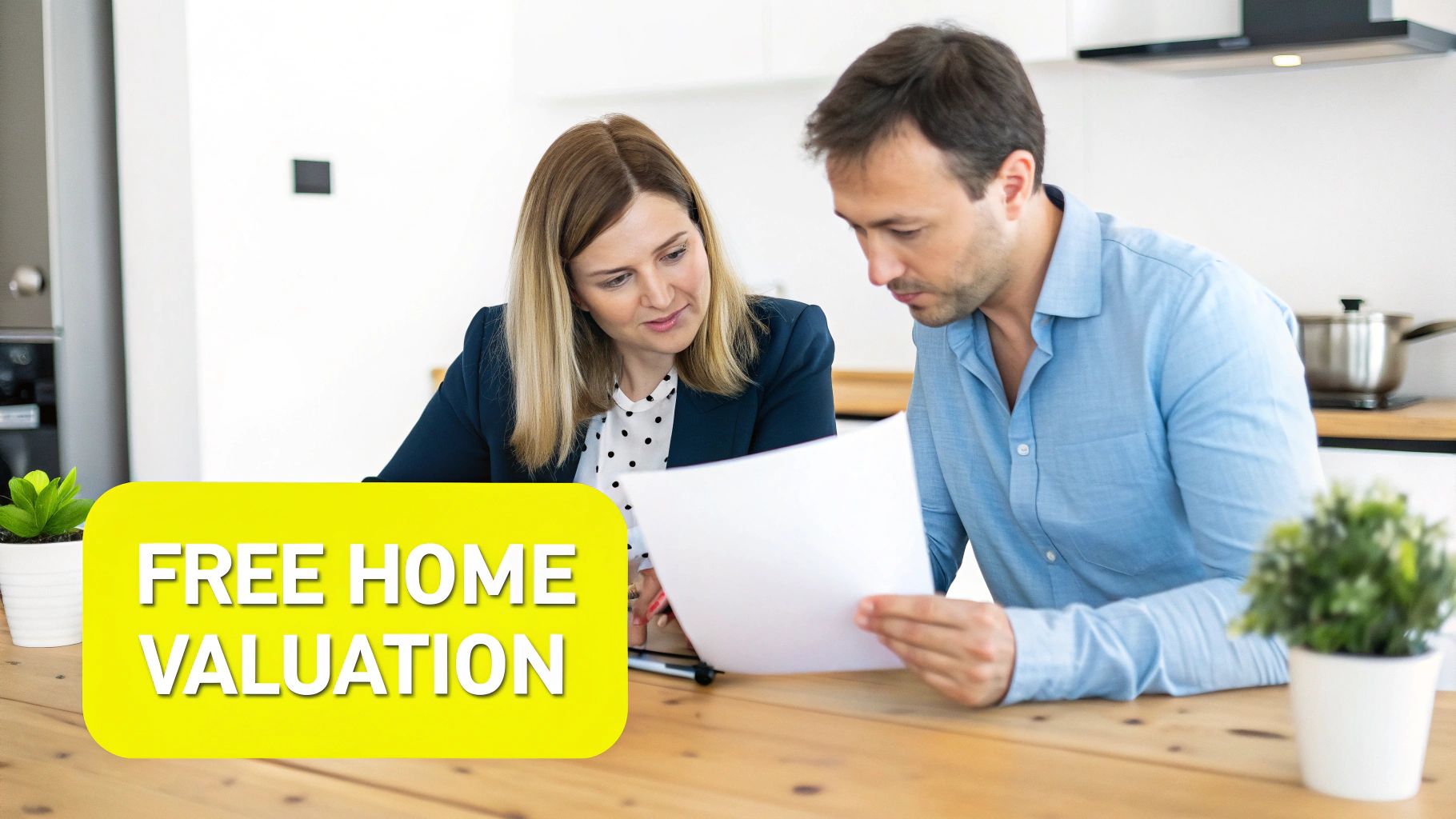 A real estate agent and client review documents for a free home valuation.